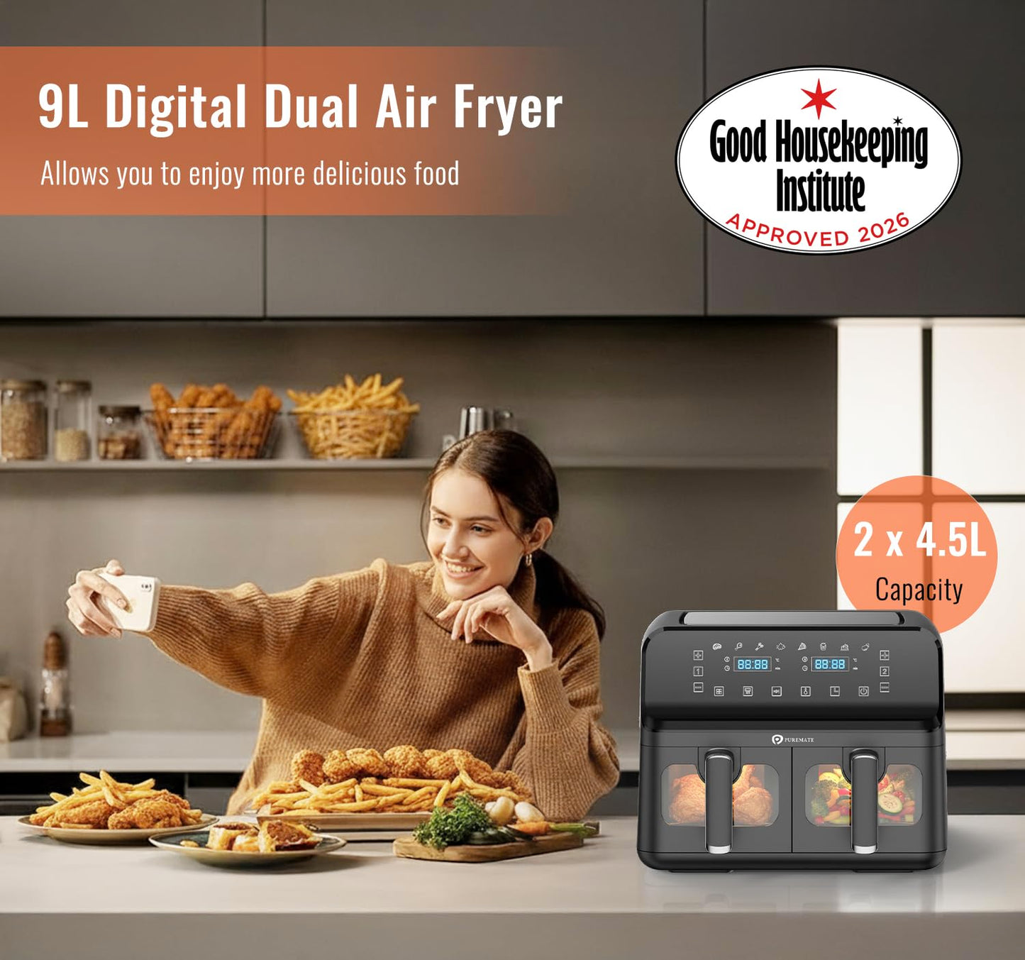 Dual Air Fryer 9L 2500W 8 Presets Digital Display Black