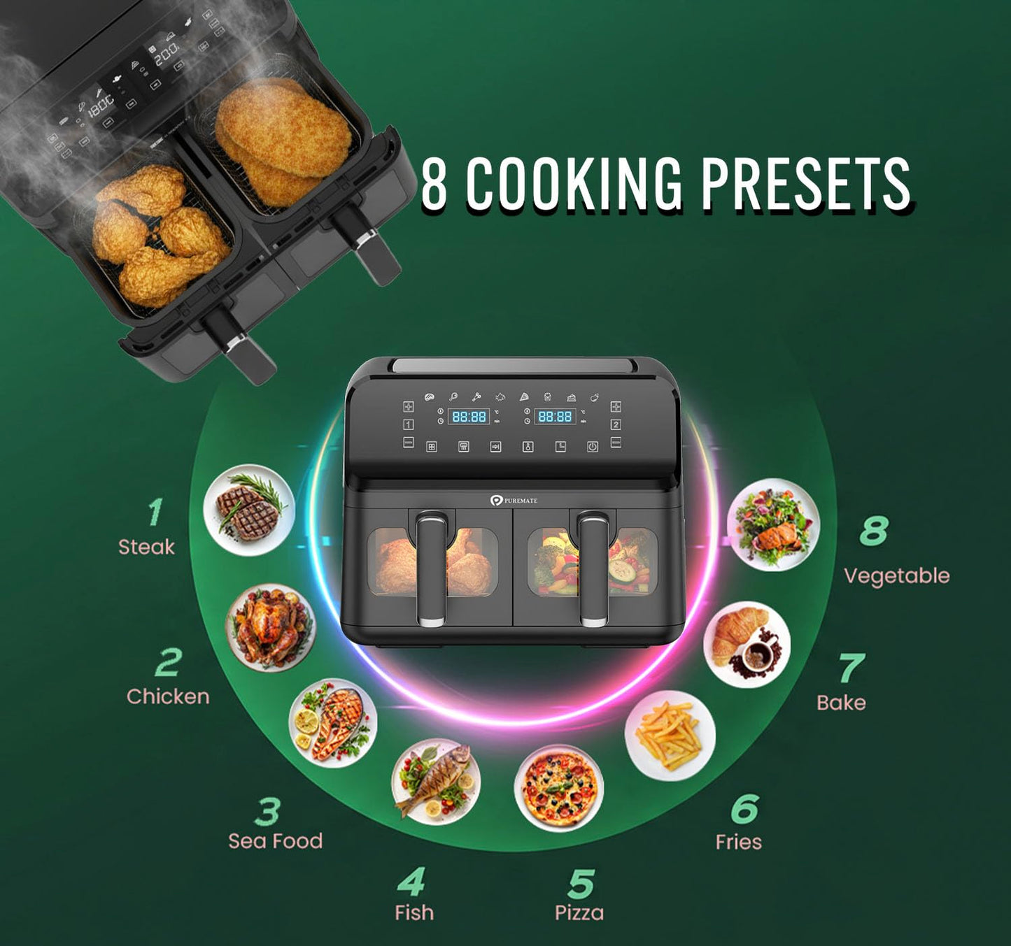 Dual Air Fryer 9L 2500W 8 Presets Digital Display Black