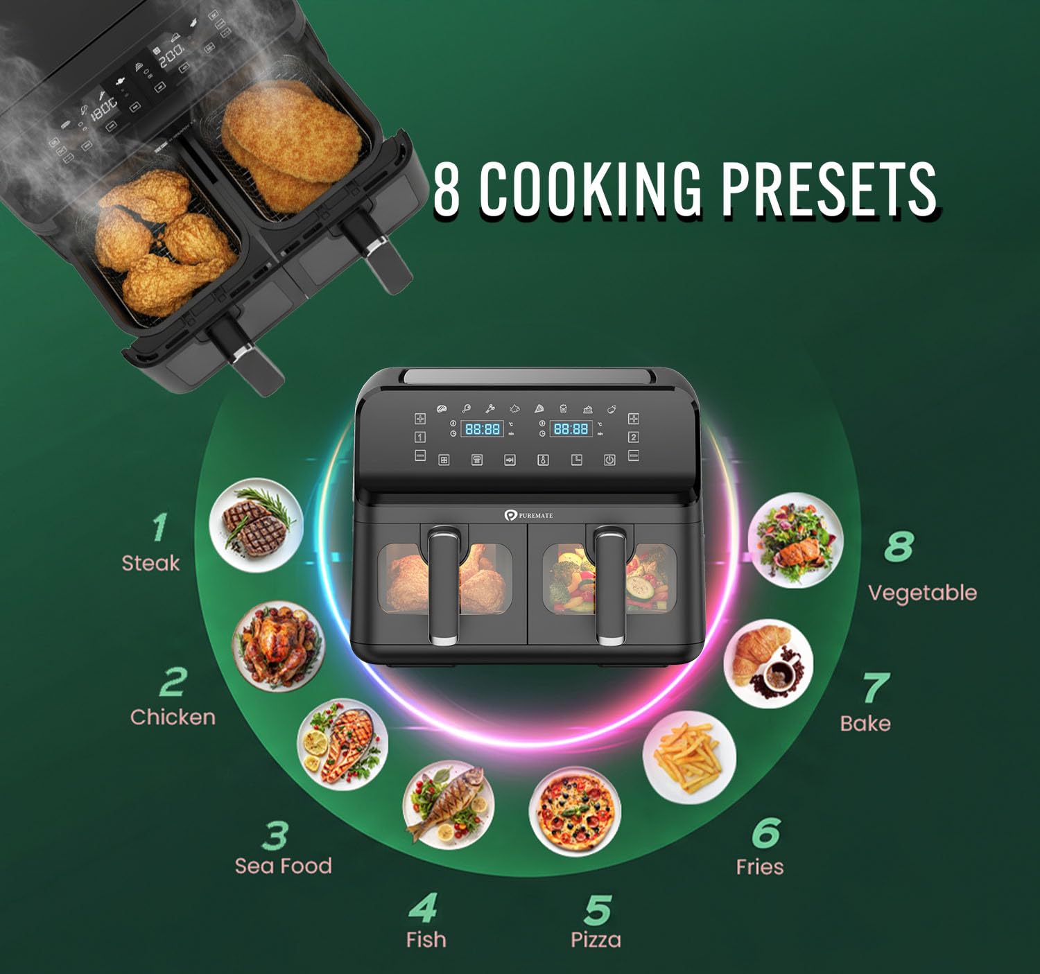 Dual Air Fryer 9L 2500W 8 Presets Digital Display Black