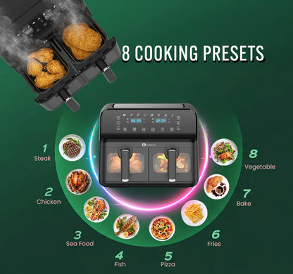 Dual Air Fryer 9L 2500W 8 Presets Digital Display Black