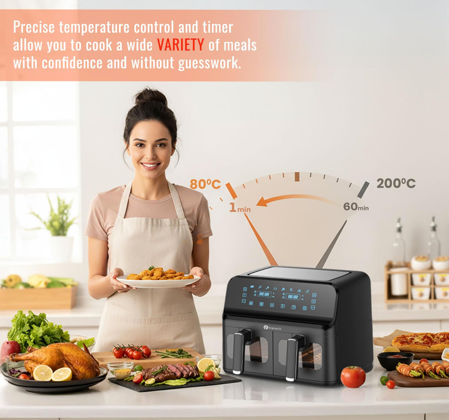 Dual Air Fryer 9L 2500W 8 Presets Digital Display Black