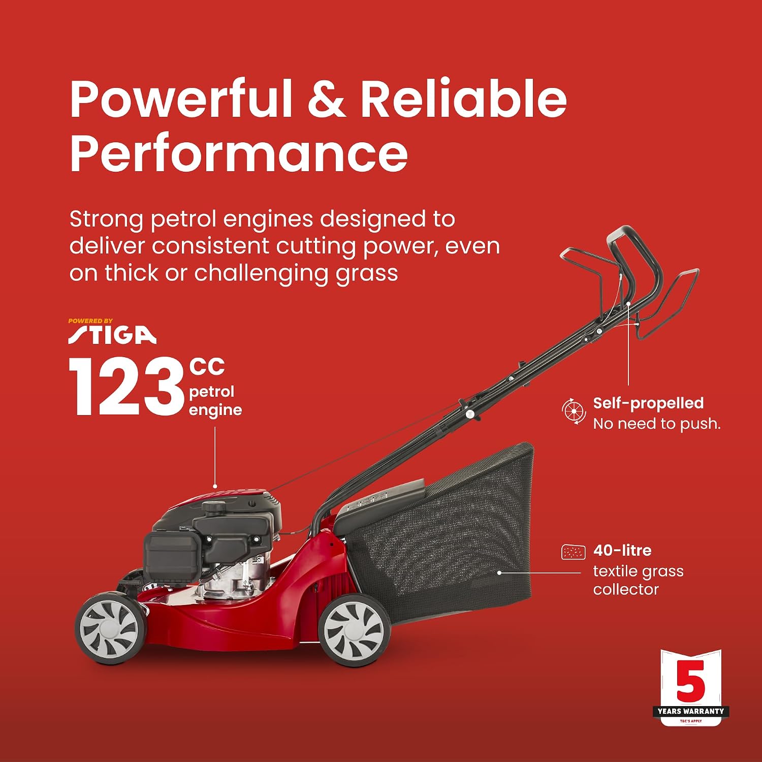 Self-Propelled Petrol Lawnmower 39cm 123cc 40L Grass Collector Red