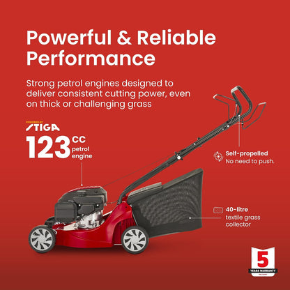 Self-Propelled Petrol Lawnmower 39cm 123cc 40L Grass Collector Red