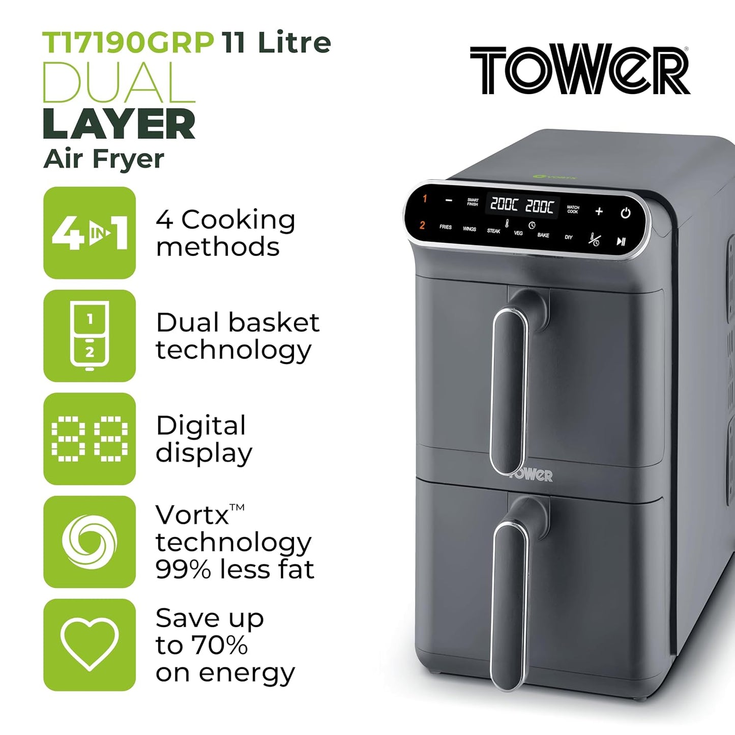 Dual Stack Air Fryer 11L 2460W 6 Presets Graphite