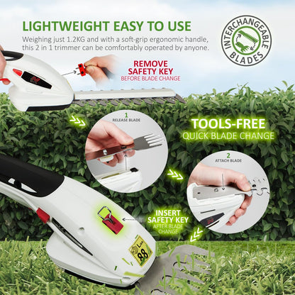2-in-1 Cordless Hedge Trimmer & Grass Shear 7.2V 1500mAh 17cm Blade Black White