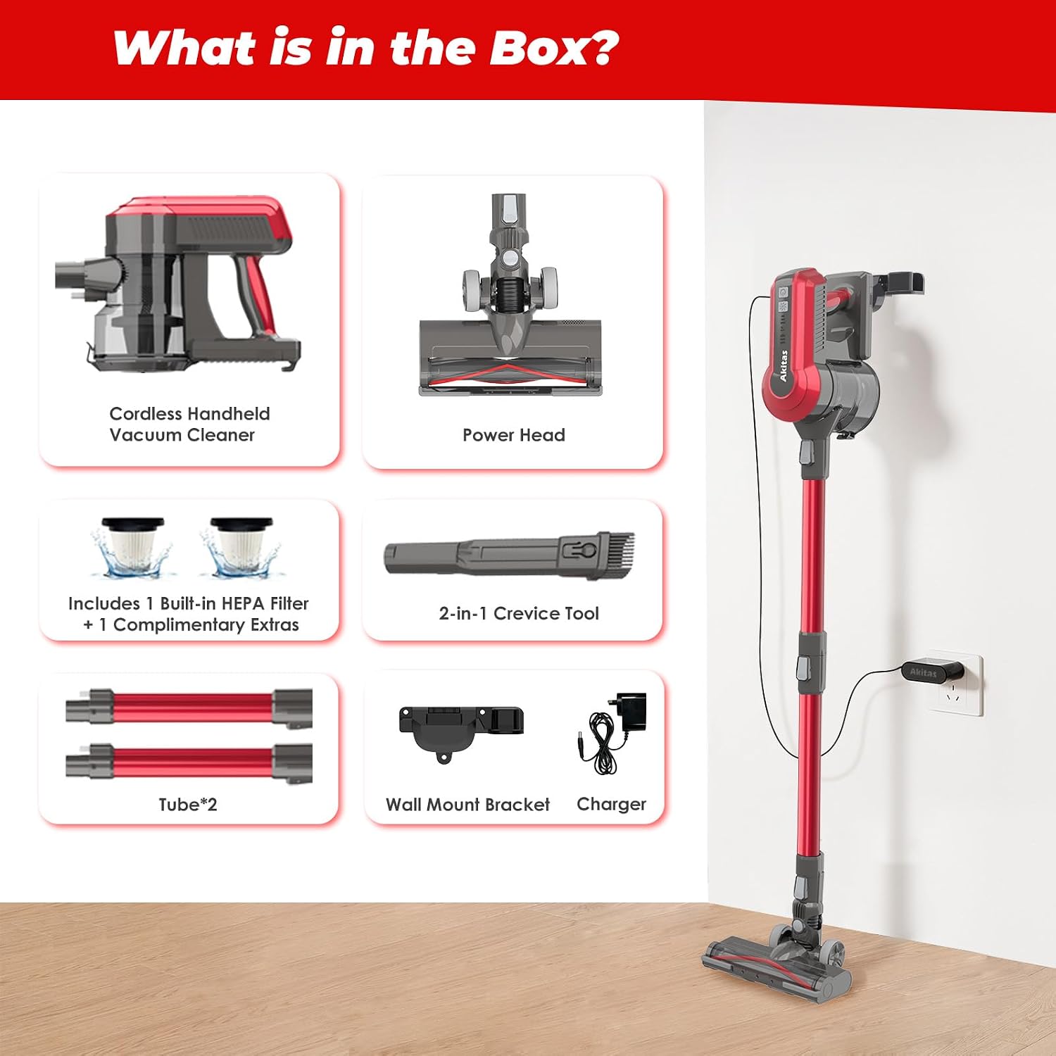 Cordless Stick Vacuum Cleaner 450W 45kPa Suction 60min Runtime Red