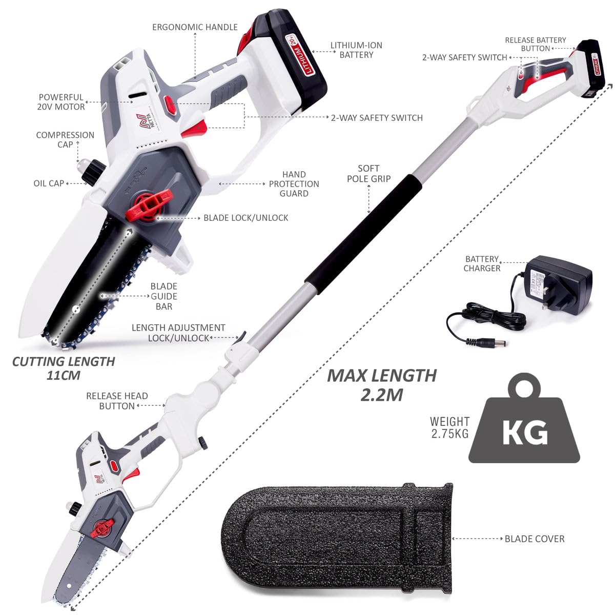 Cordless Hedge Trimmer & Chainsaw 4-In-1 20V Battery Powered Pole Saw White