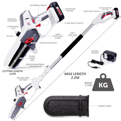 Cordless Hedge Trimmer & Chainsaw 4-In-1 20V Battery Powered Pole Saw White