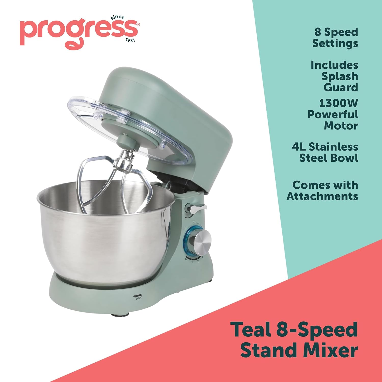 Stand Mixer 4L 1300W 8 Speeds With Pulse Function Teal