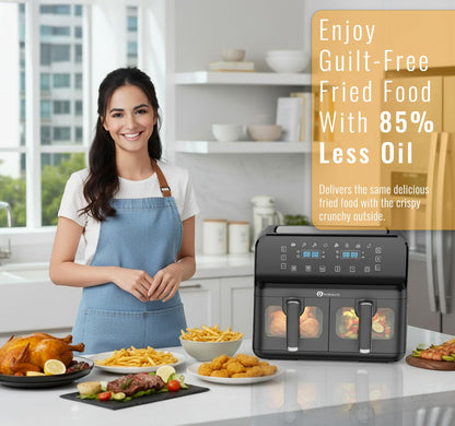 Dual Air Fryer 9L 2500W 8 Presets Digital Display Black
