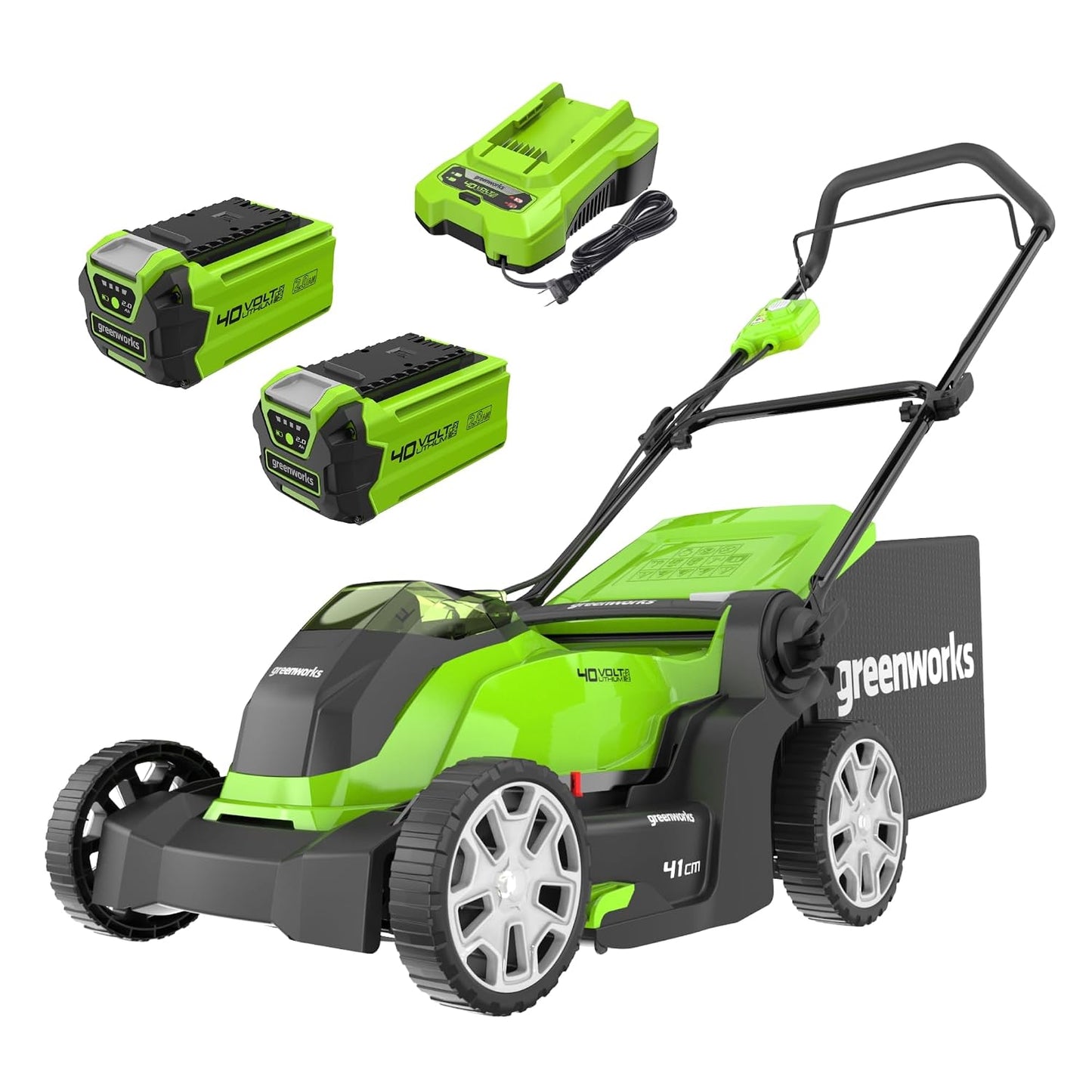 Cordless Lawnmower 41cm Cutting Width 50L Bag 2x 40V 2Ah Batteries
