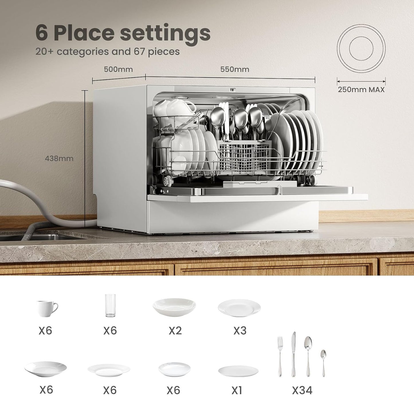 Table Top Dishwasher 6 Place Settings 6.5L LED Display Delay Start White
