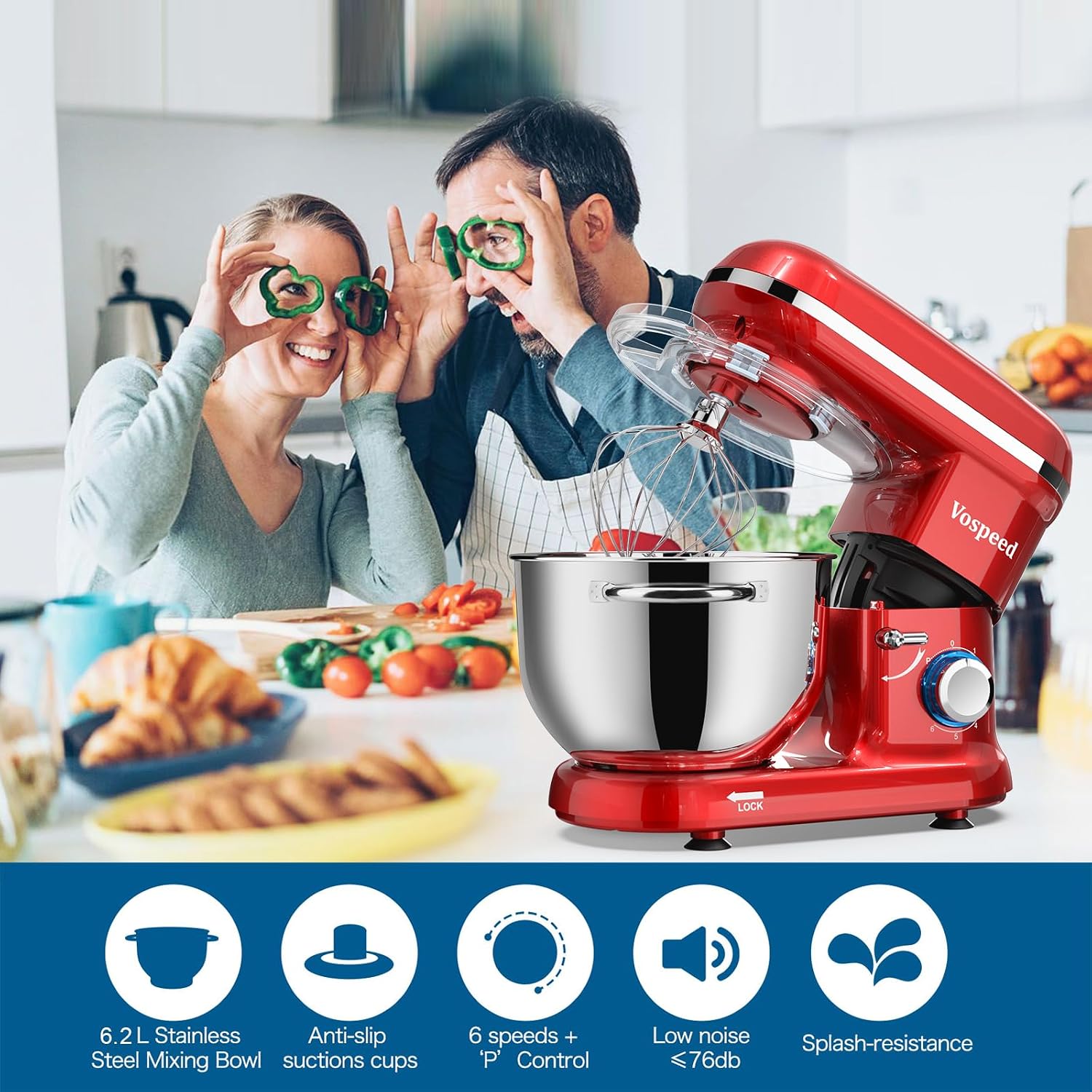 Stand Mixer 6.2L 1500W 6 Speed Red