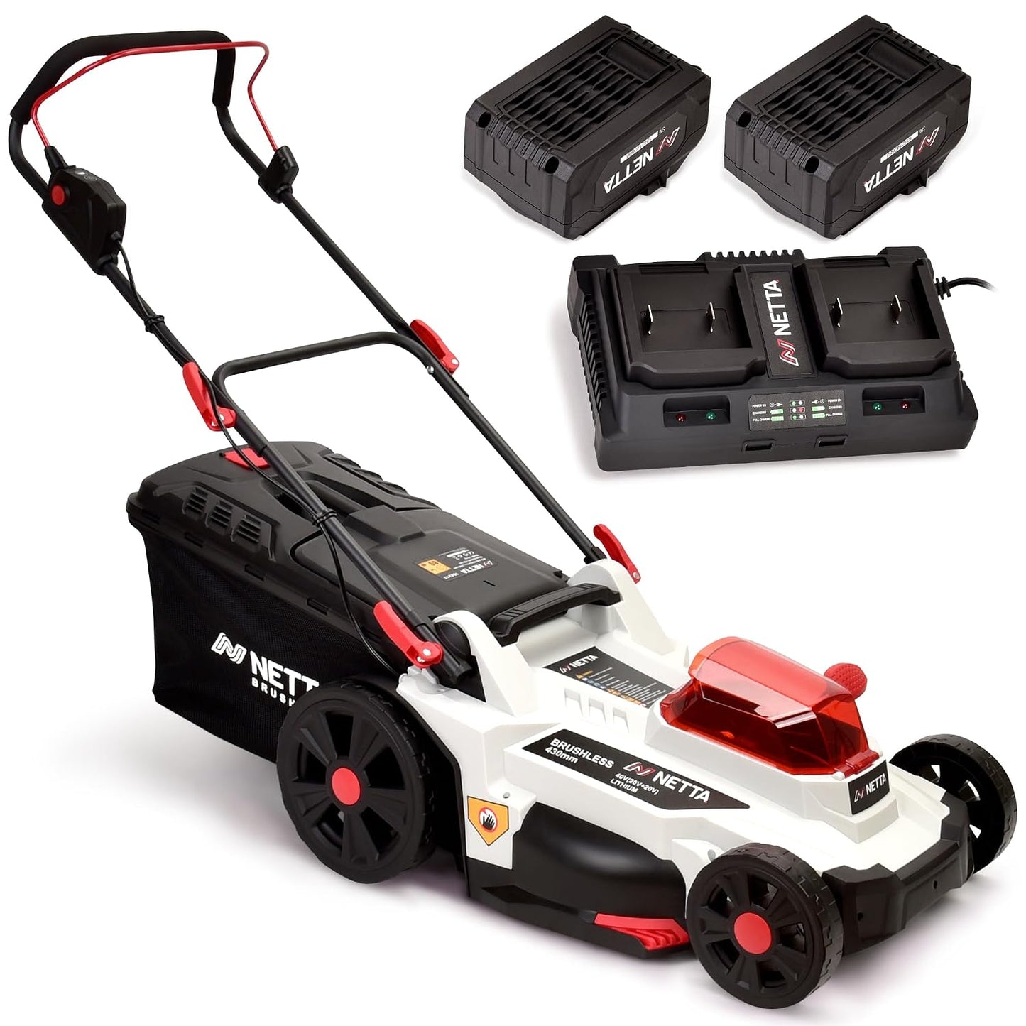 Cordless Lawn Mower 37cm 40V 2x4.0Ah Batteries 6 Heights 35L