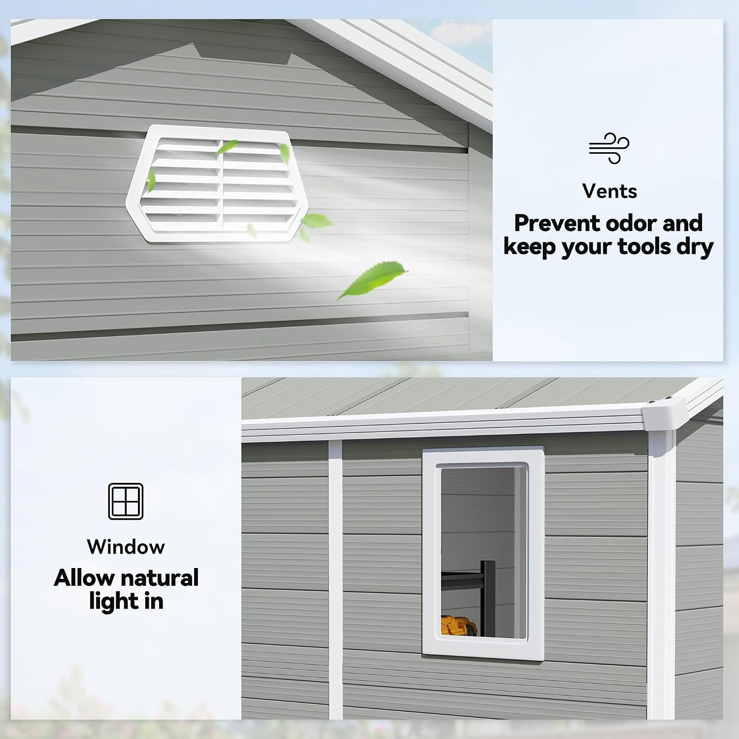 Plastic Garden Storage Shed 8 X 6 Ft Light Grey Aluminium Frame Lockable Door