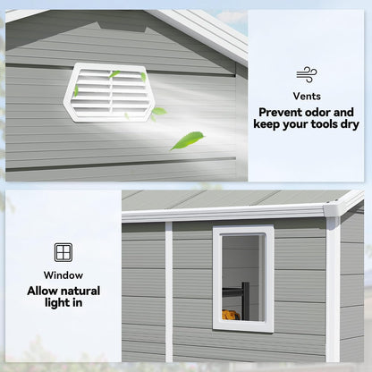 Plastic Garden Storage Shed 8 X 6 Ft Light Grey Aluminium Frame Lockable Door