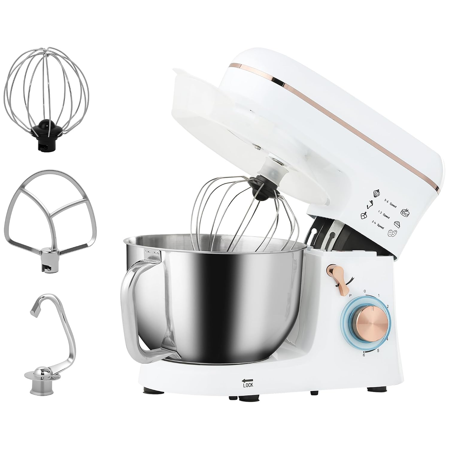 Stand Mixer 1400W 5L 6 Speeds Pulse Setting Stainless Steel Bowl White