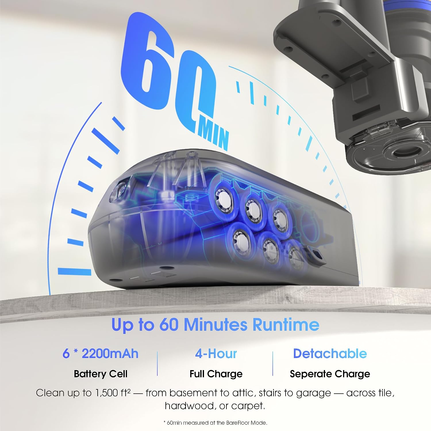 Stick Vacuum Cleaner 45Kpa 450W 60Min Runtime Anti-Tangle Silver