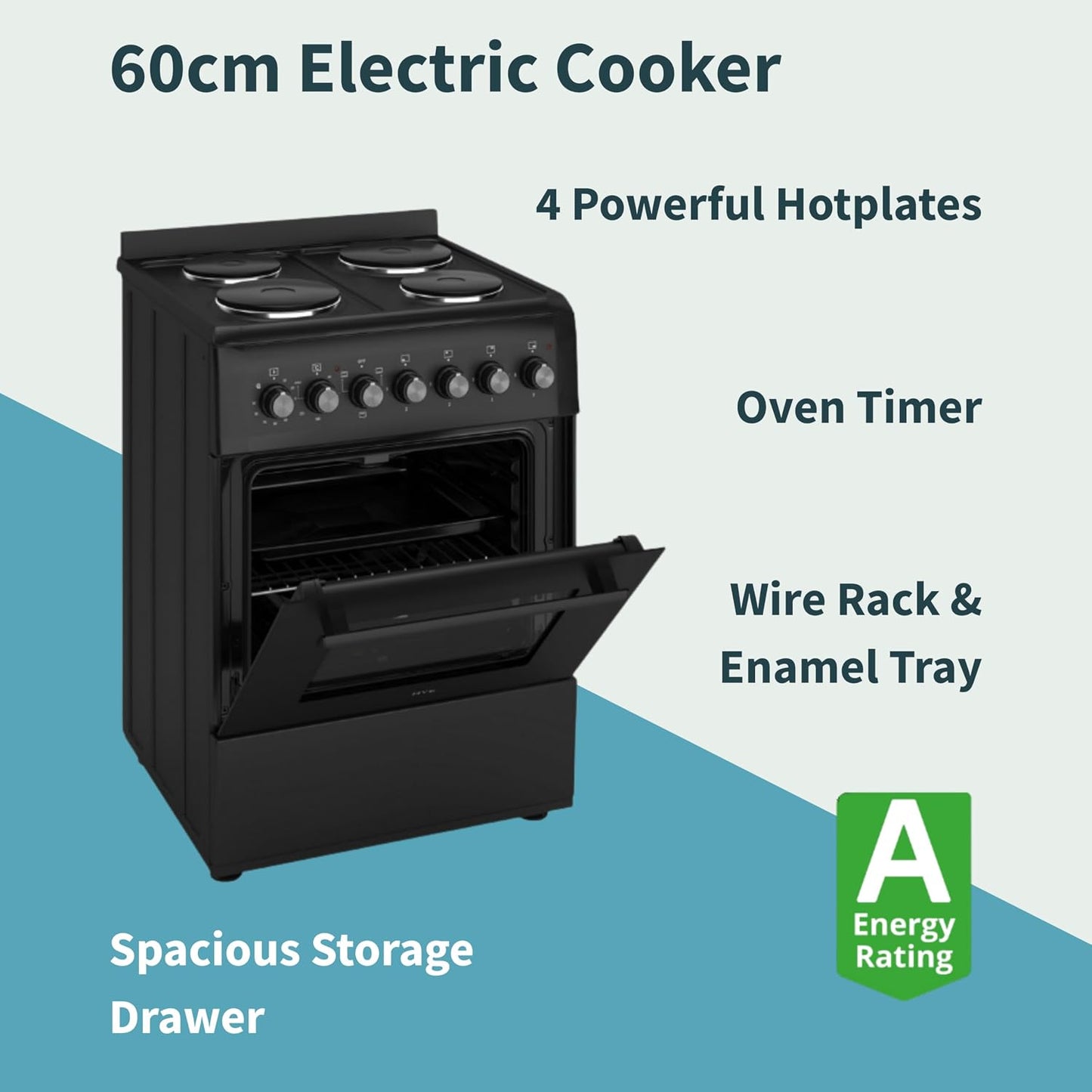 Electric Cooker 62L Oven 4 Hotplates Freestanding 60cm Matte Black