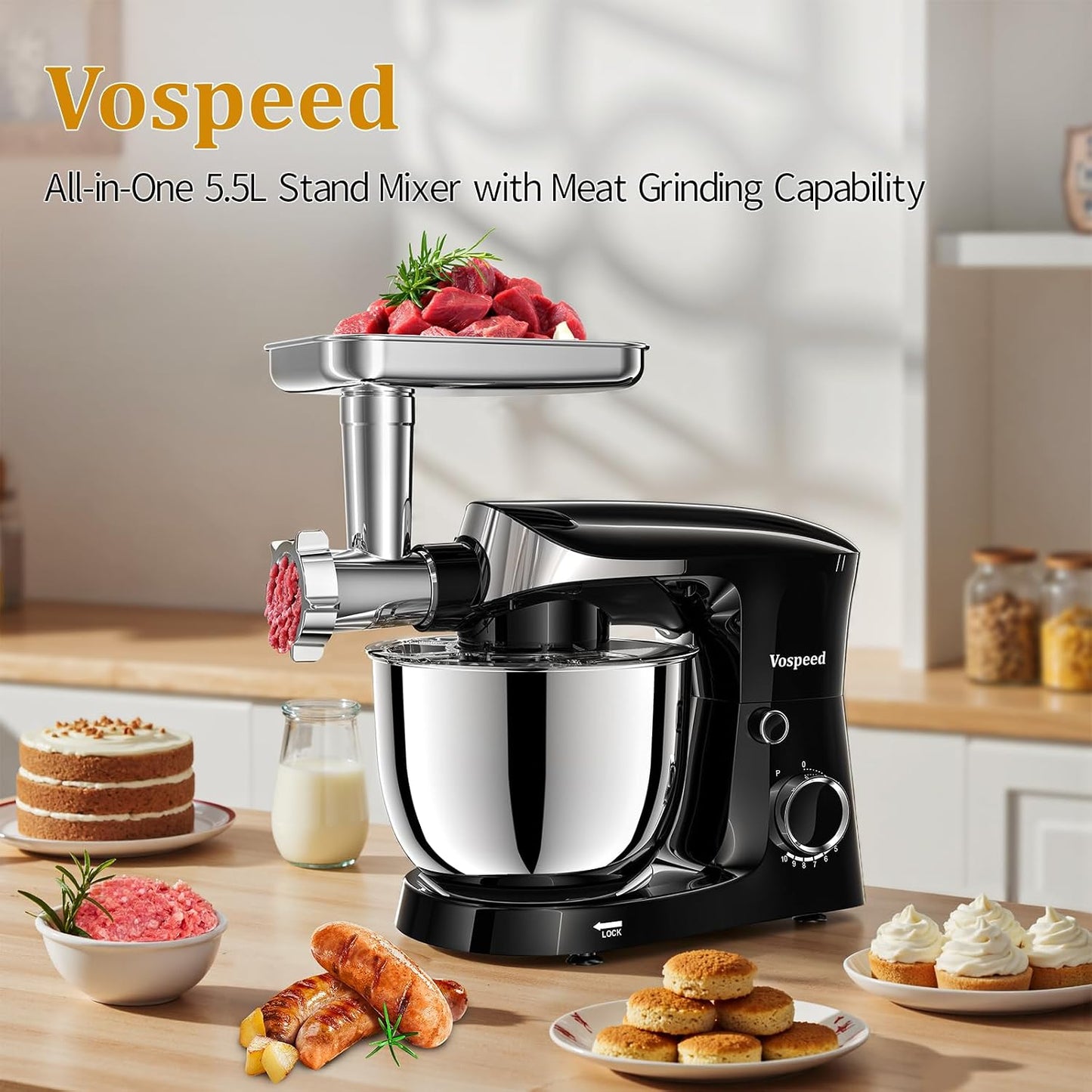 Stand Mixer 1500W 5.5L Tilt-Head 10 Speeds Stainless Steel Bowl Black