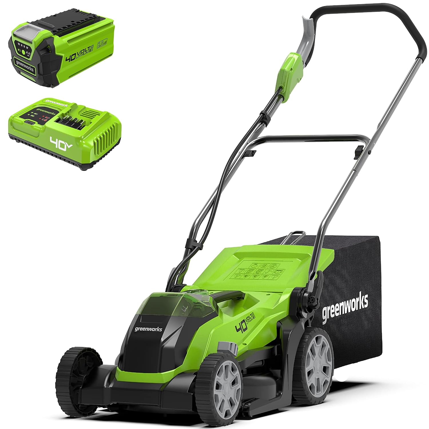 Cordless Lawnmower 41cm Cutting Width 50L Bag 2x 40V 2Ah Batteries