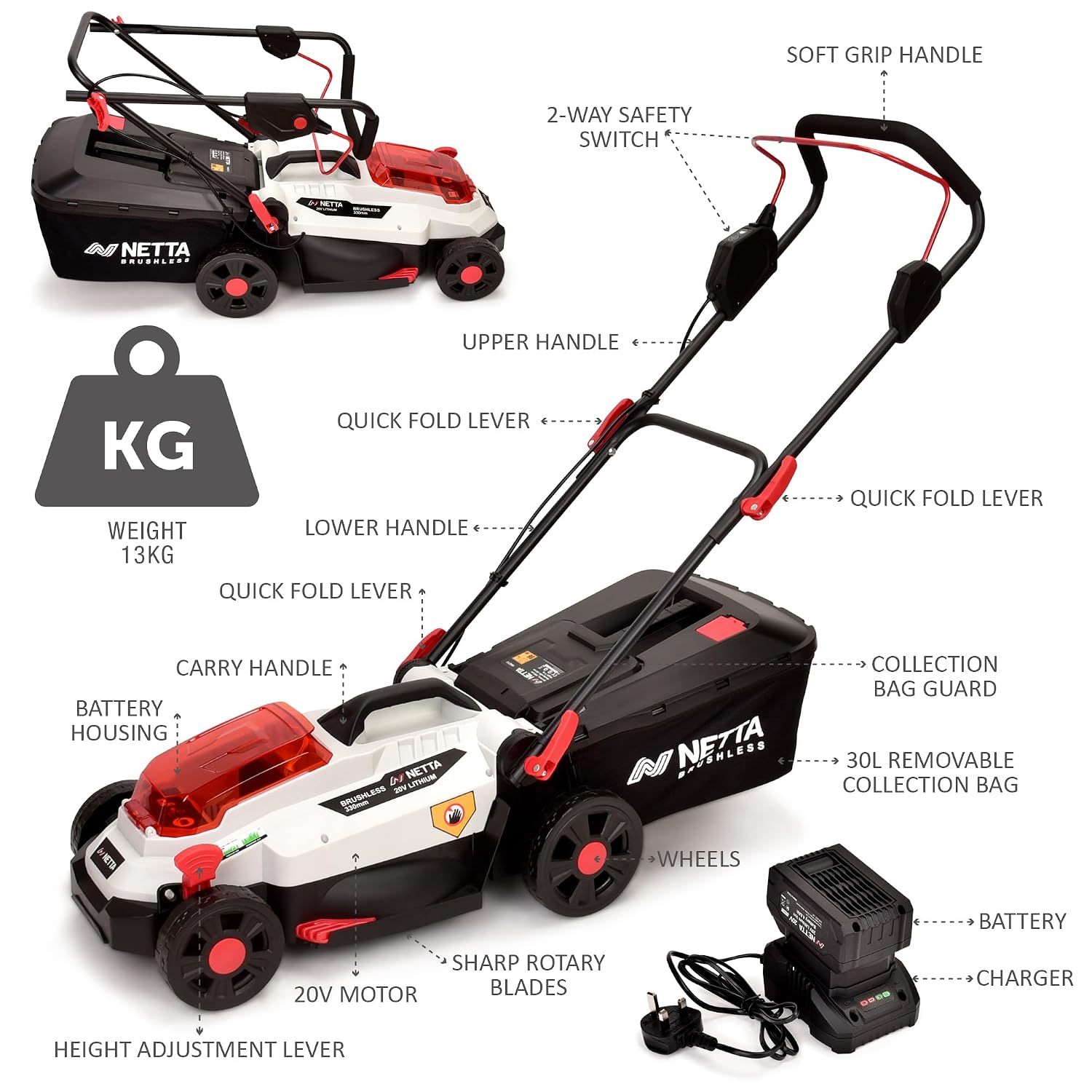 Cordless Lawn Mower 33cm 20V 4.0Ah Brushless Motor White