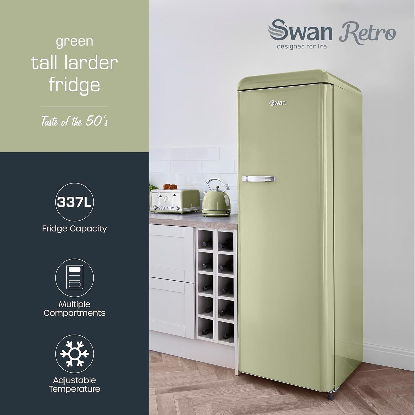 Tall Larder Fridge 337L 5 Shelves Frost Free Green