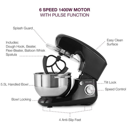 Stand Mixer 1300W 5.5L Stainless Steel Bowl 6 Speeds Pulse Black
