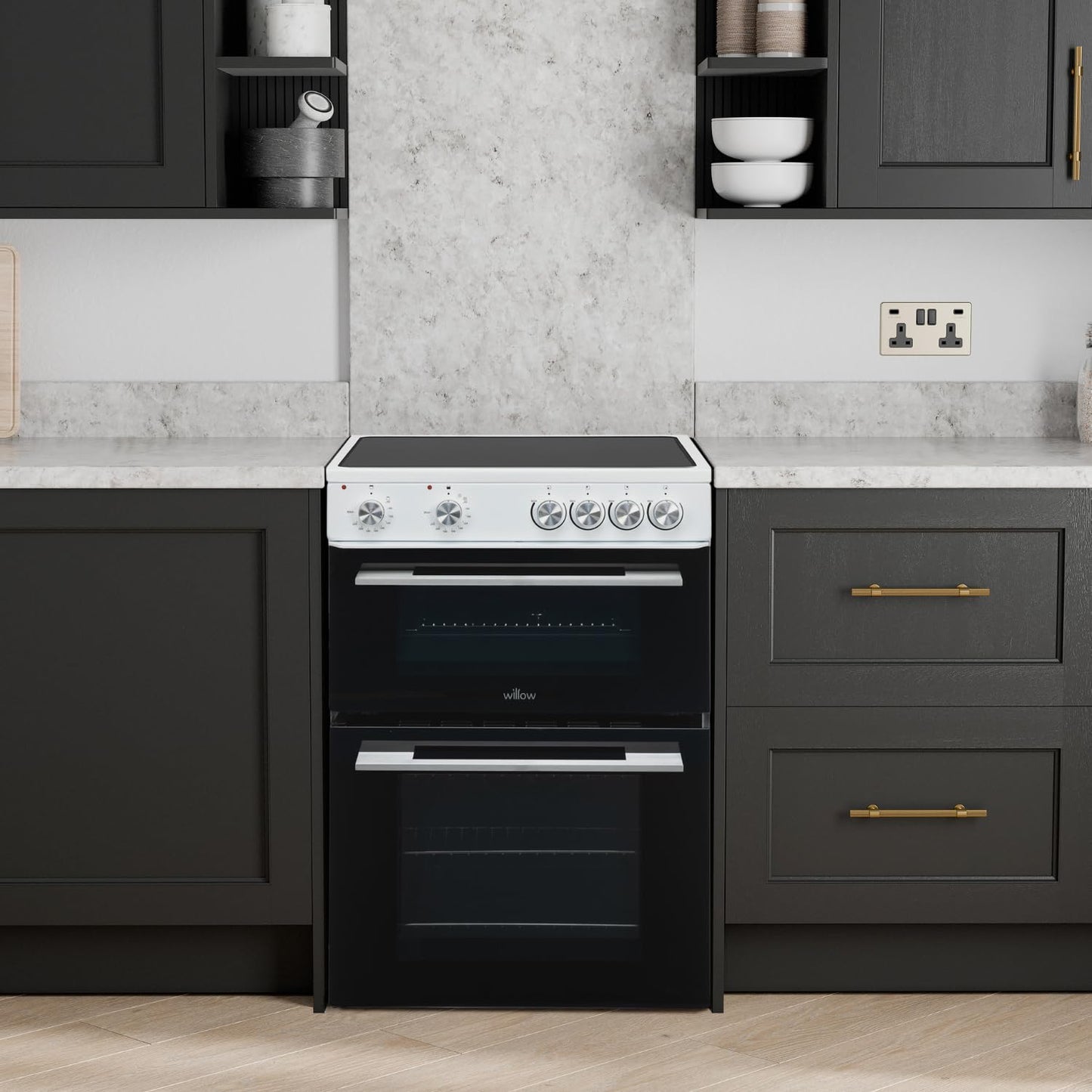 Freestanding Electric Cooker 68L Twin Cavity Ceramic Hob 4 Zones White