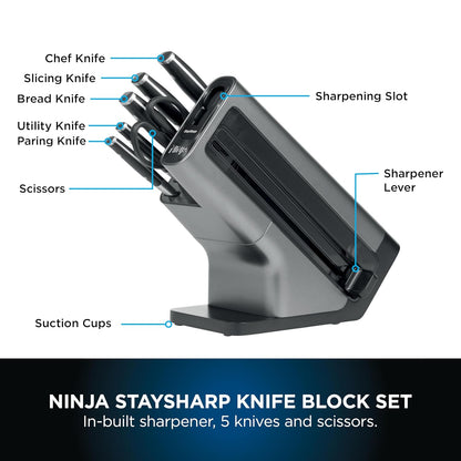 Knife Block Set With Integrated Sharpener 6-Piece Stainless Steel Black