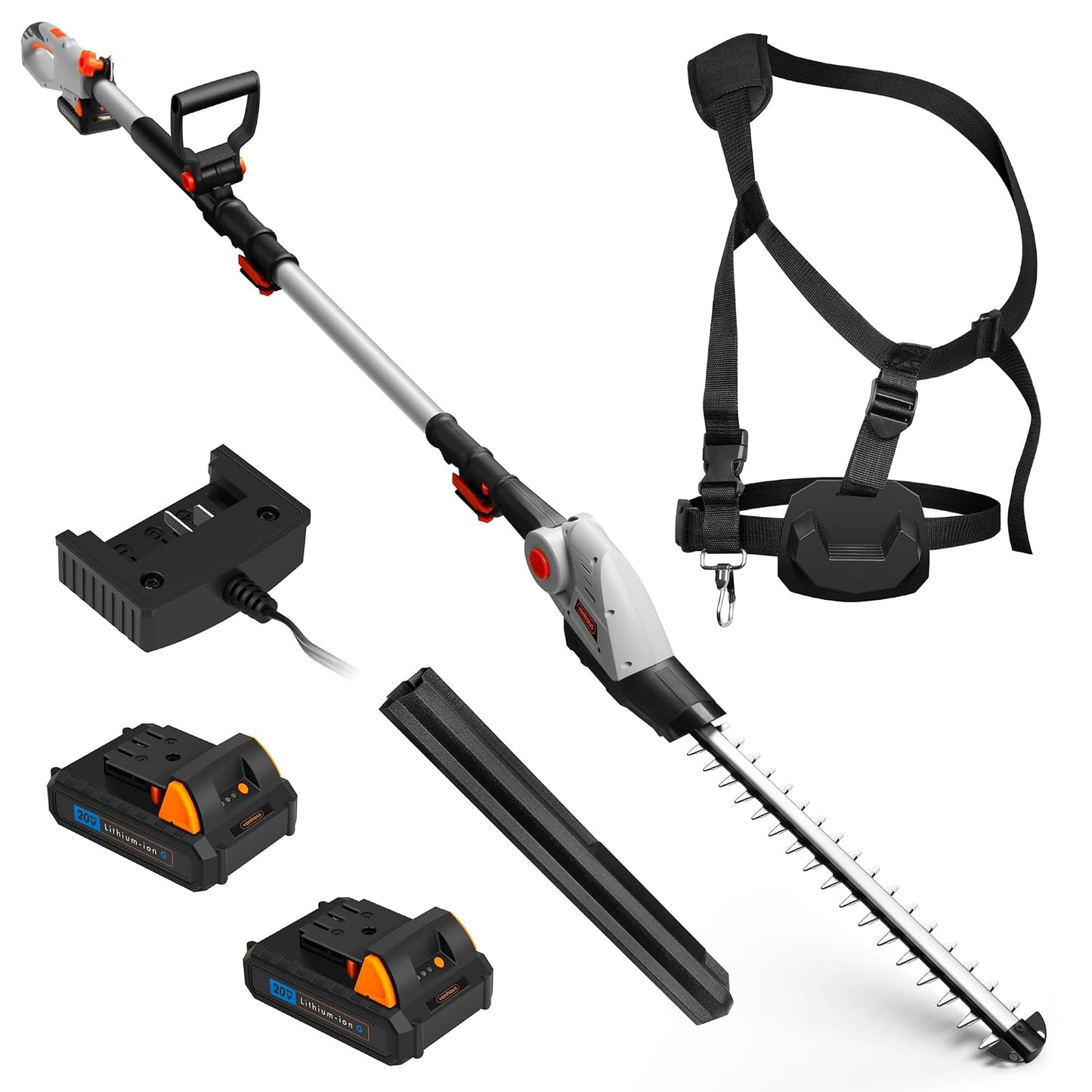 Cordless Pole Hedge Trimmer 193-244Cm 20V 2 Batteries Harness Grey