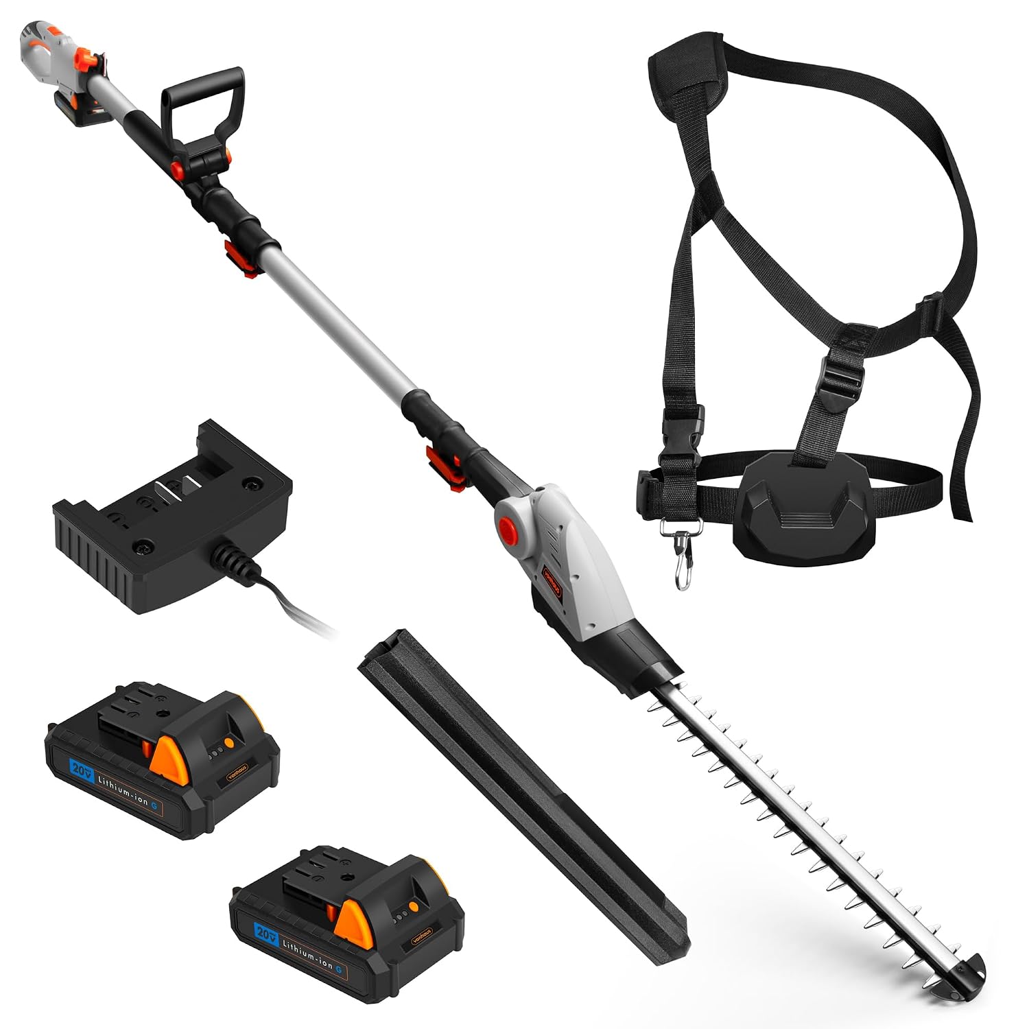 Cordless Pole Hedge Trimmer 193-244Cm 20V 2 Batteries Harness Grey