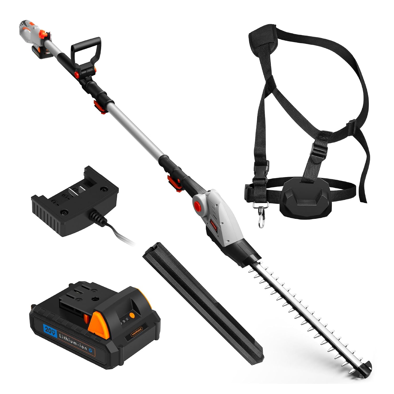 Cordless Pole Hedge Trimmer 193-244Cm 20V 2 Batteries Harness Grey