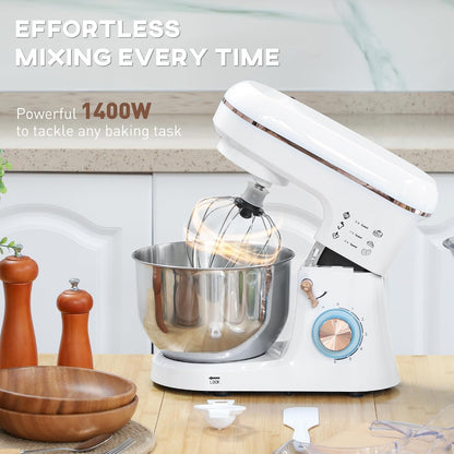Stand Mixer 1400W 5L 6 Speeds Pulse Setting Stainless Steel Bowl White