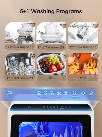 Countertop Dishwasher 5L 6 Programs Delay Start Air Dry White