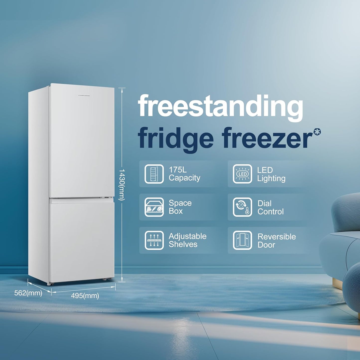 Freestanding Fridge Freezer 175L 60/40 Split E Rated White Reversible Door