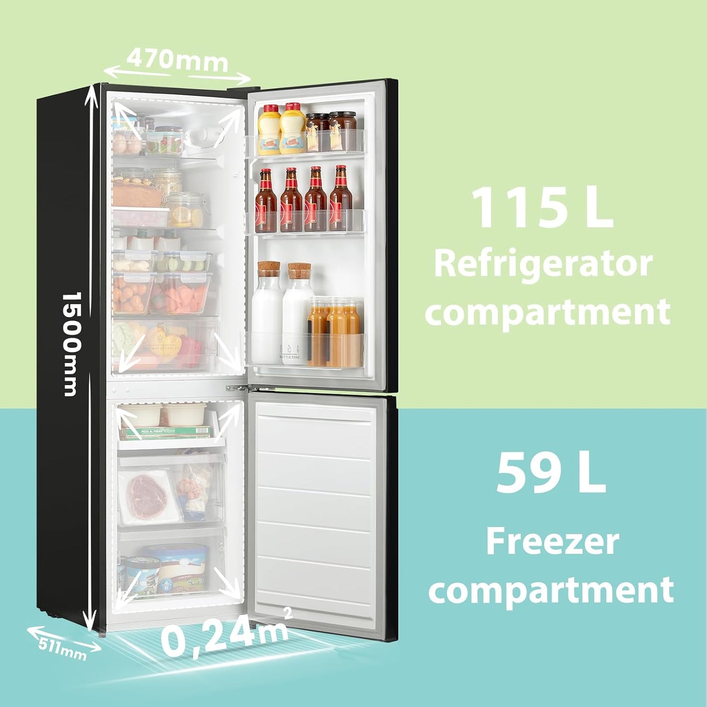 Freestanding Fridge Freezer 174L Low Frost Adjustable Thermostat LED Black