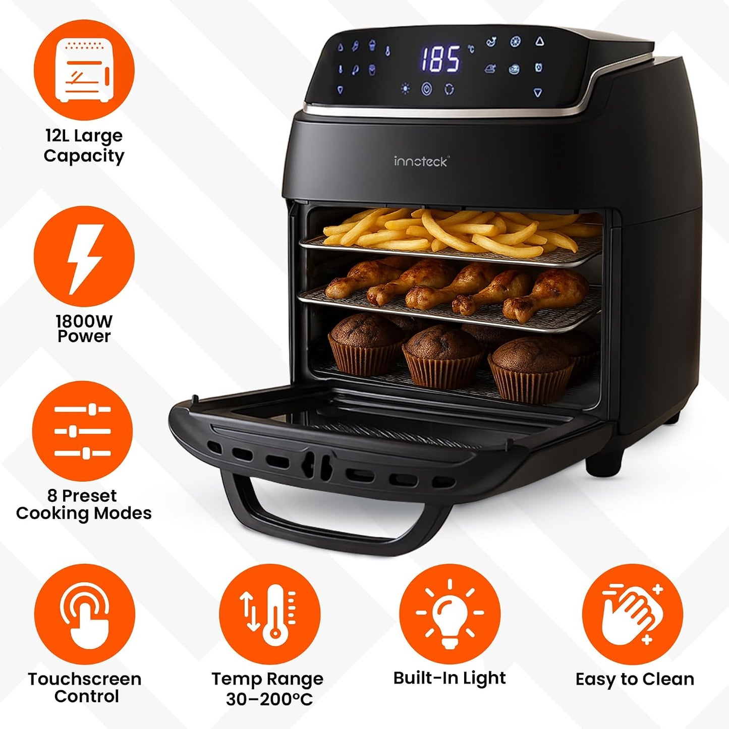 Digital Air Fryer Oven 12L 1800W 8 Presets Rotisserie Black
