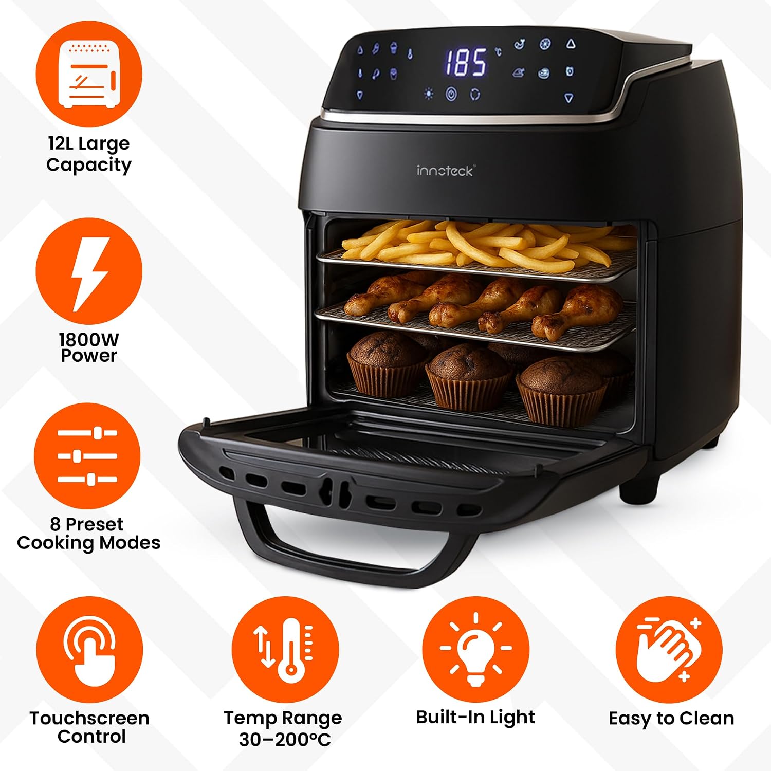 Digital Air Fryer Oven 12L 1800W 8 Presets Rotisserie Black