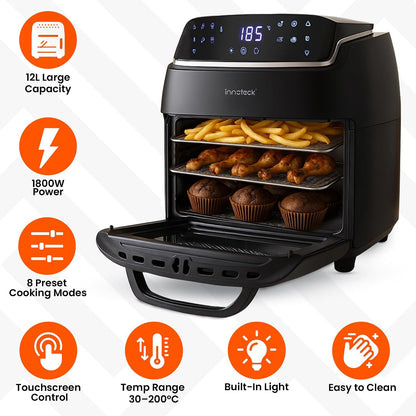 Digital Air Fryer Oven 12L 1800W 8 Presets Rotisserie Black