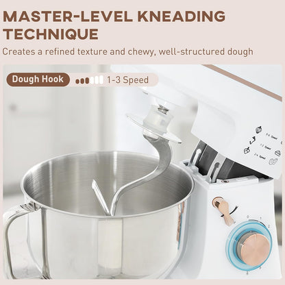 Stand Mixer 1400W 5L 6 Speeds Pulse Setting Stainless Steel Bowl White