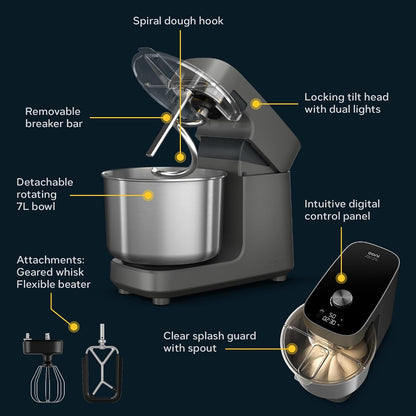 Spiral Mixer 7.3L 58 Speeds Dough Hook Beater Whisk Charcoal Grey