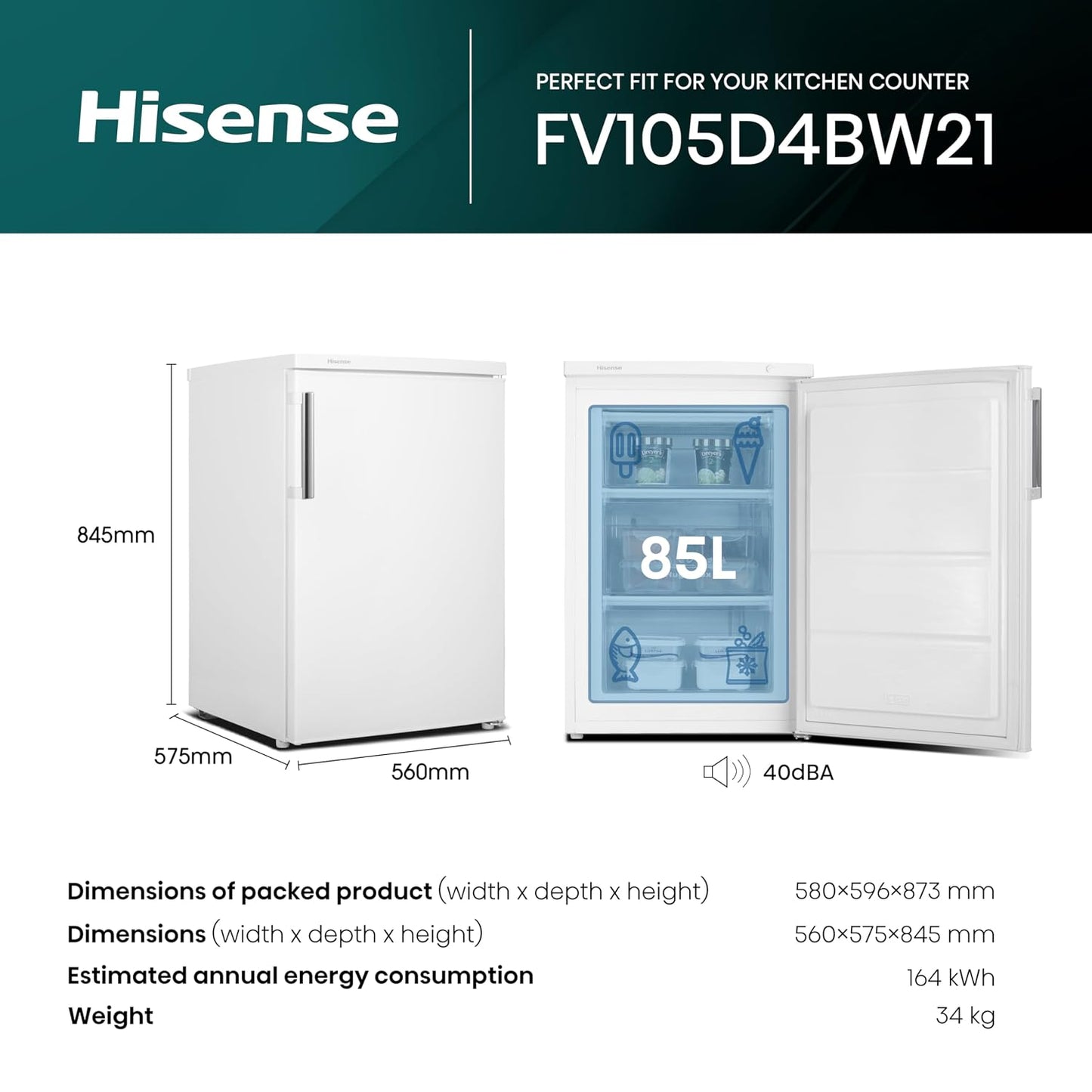 Freestanding Freezer 82L 56cm White Undercounter
