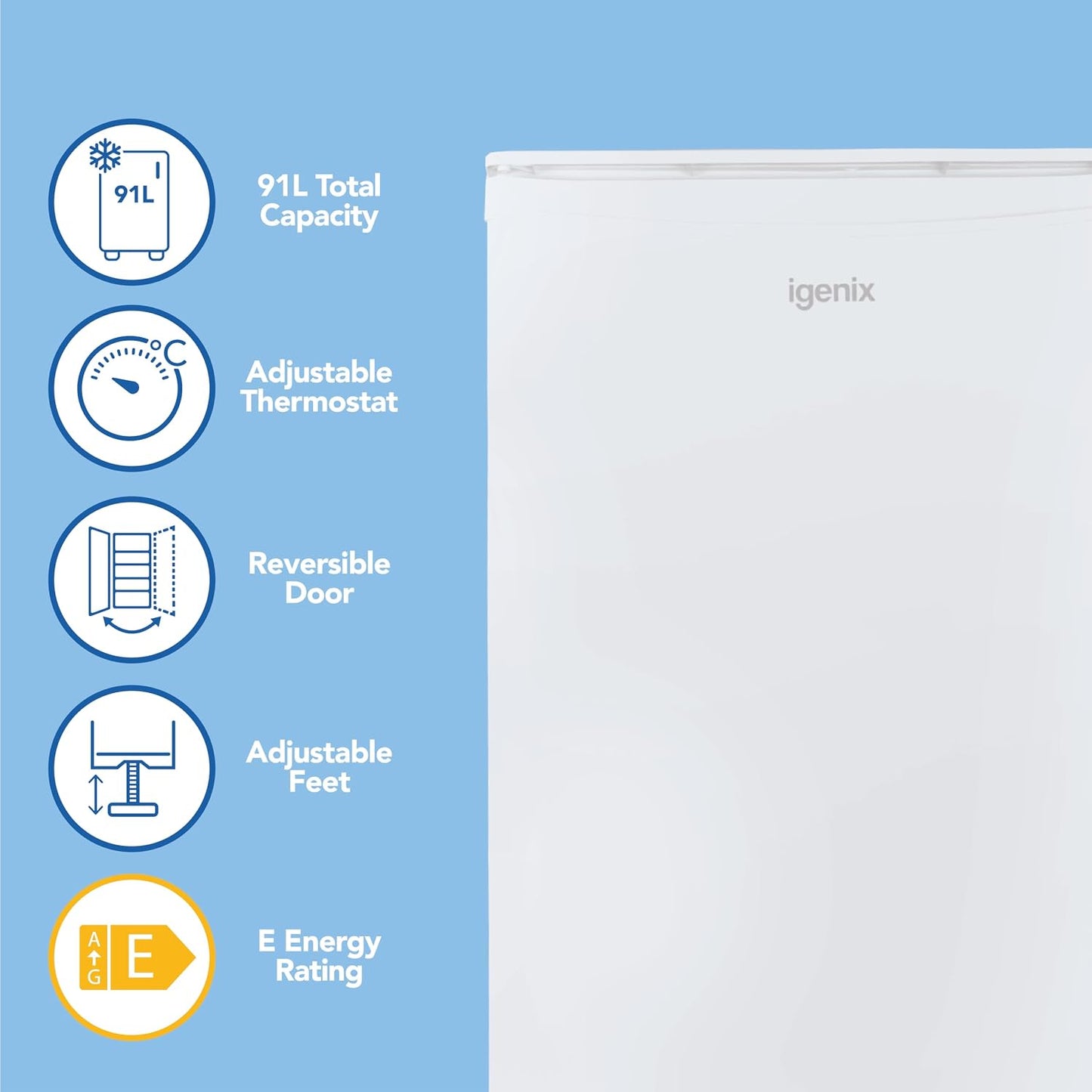 Under Counter Fridge 91L 48cm Chill Box Reversible Door White
