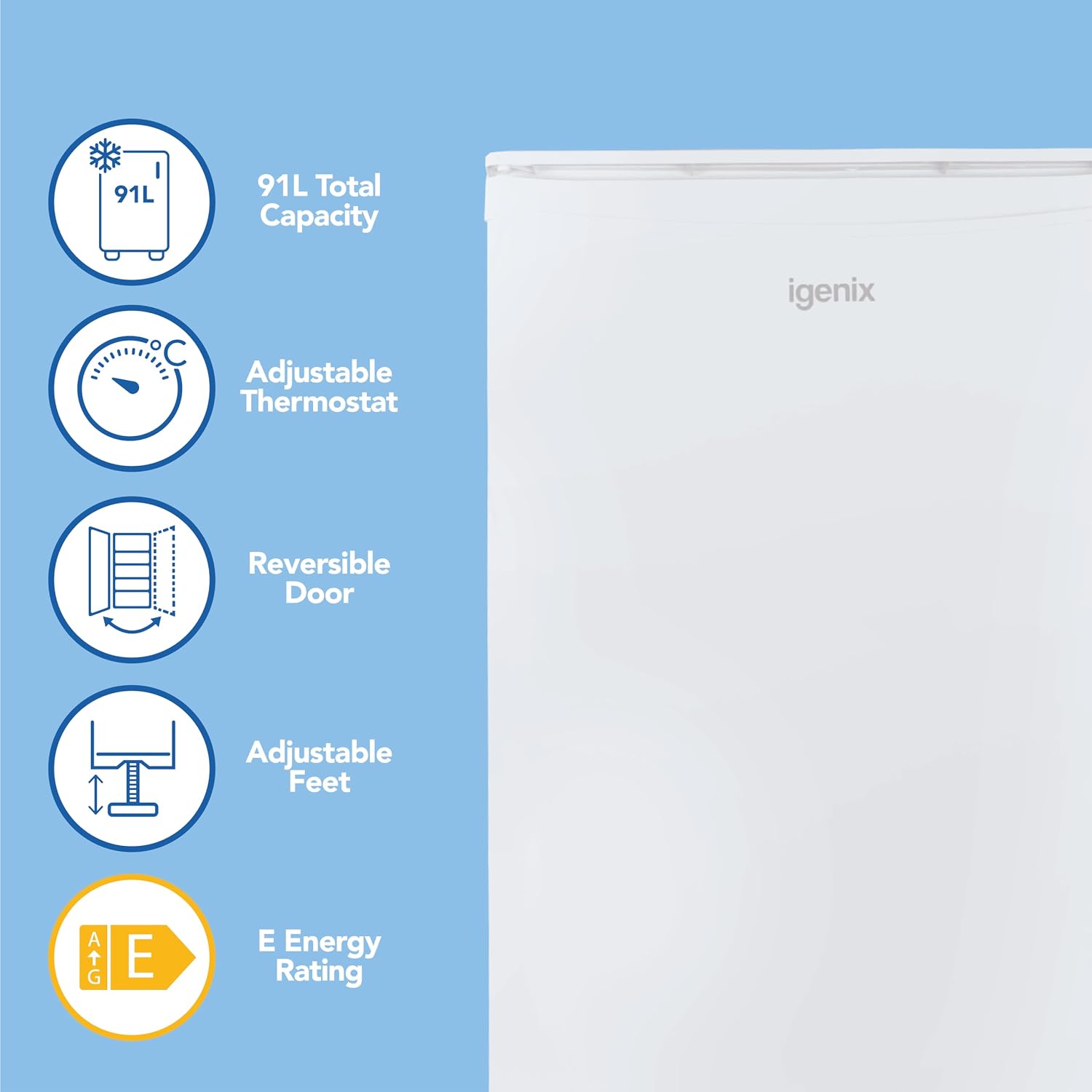 Under Counter Fridge 91L 48cm Chill Box Reversible Door White