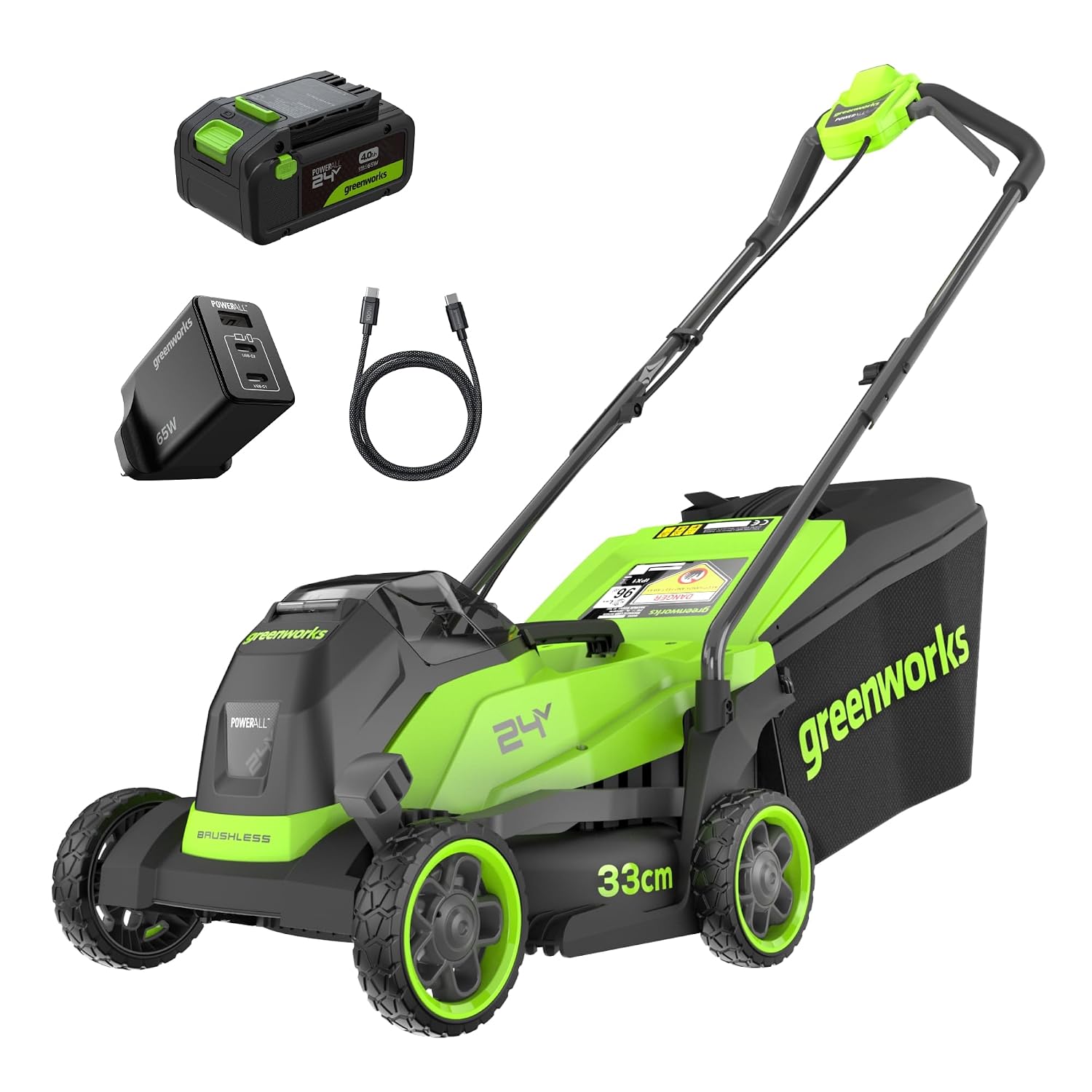 Cordless Lawn Mower 33cm 24V Brushless Motor 30L Bag 4Ah Battery