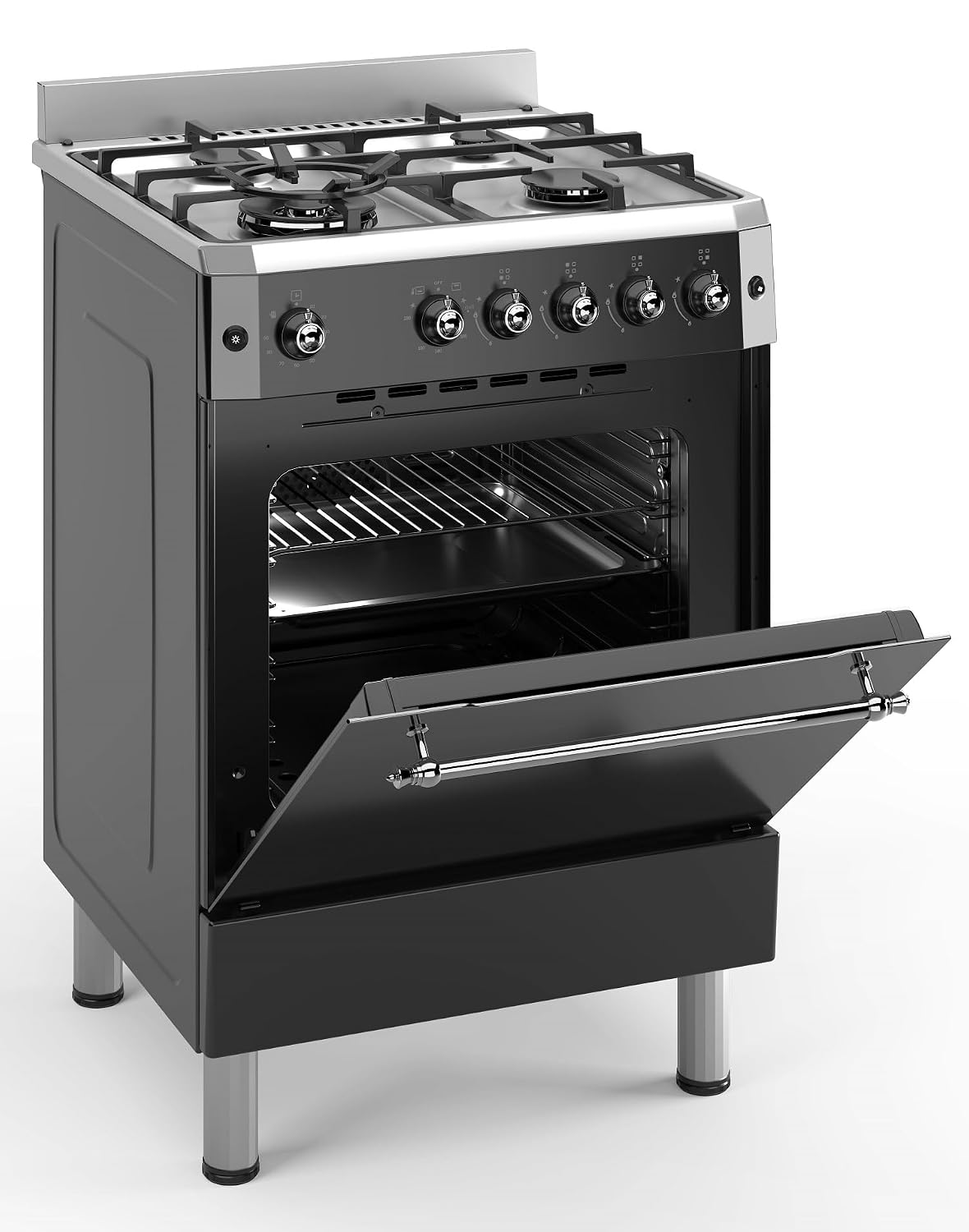 Freestanding Gas Cooker 59L 4 Burner Wok Burner Turbo Fan Stainless Steel