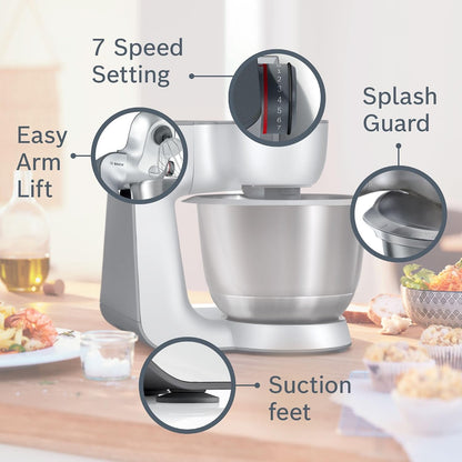 Stand Mixer 7 In 1 1000W 3.9L Bowl 7 Speeds White Silver