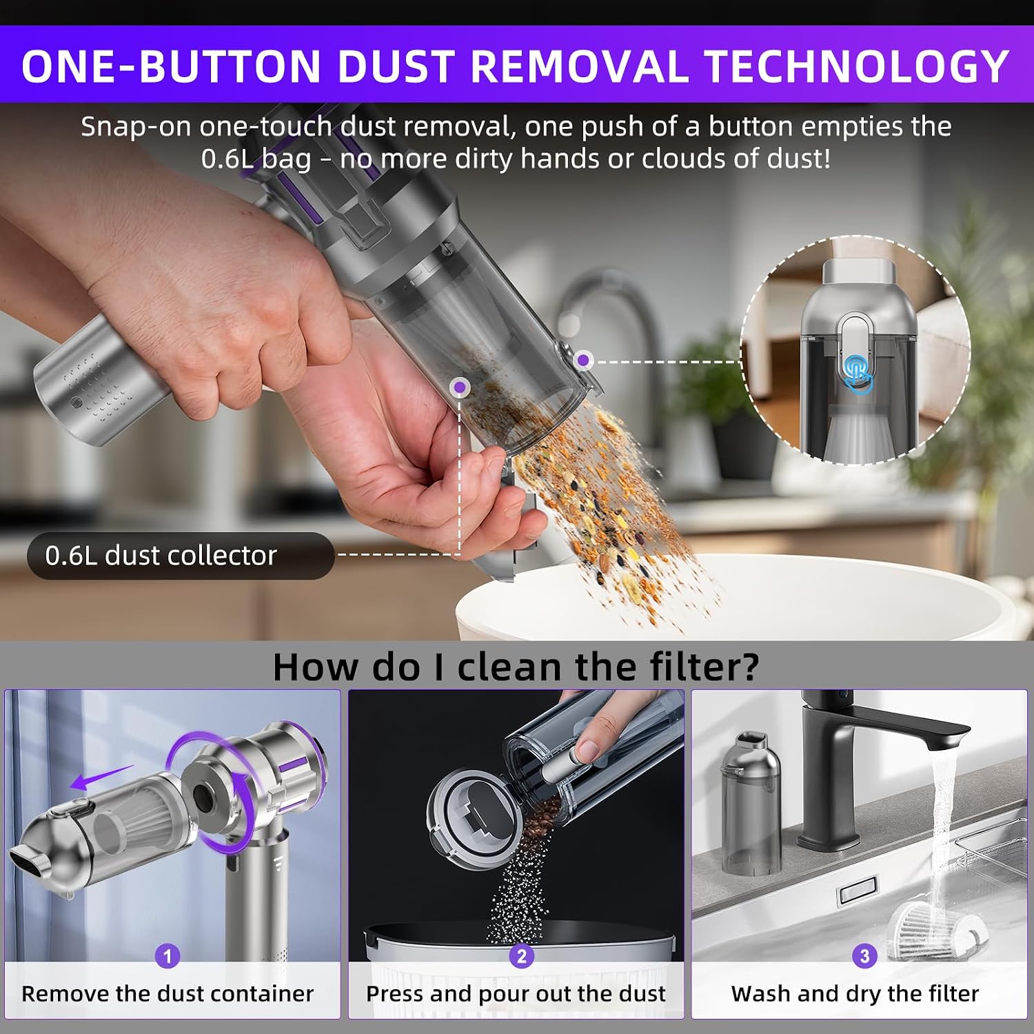 Handheld Vacuum Cleaner 22000Pa 3 Speed Brushless Motor Cordless Silver