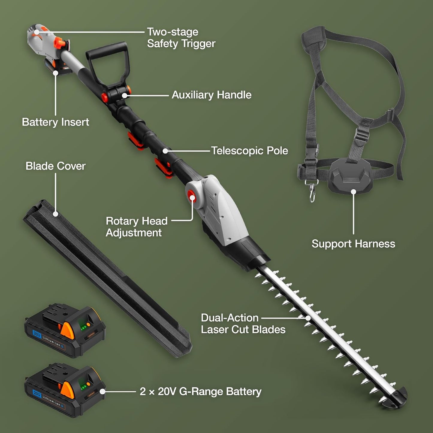 Cordless Pole Hedge Trimmer 193-244Cm 20V 2 Batteries Harness Grey